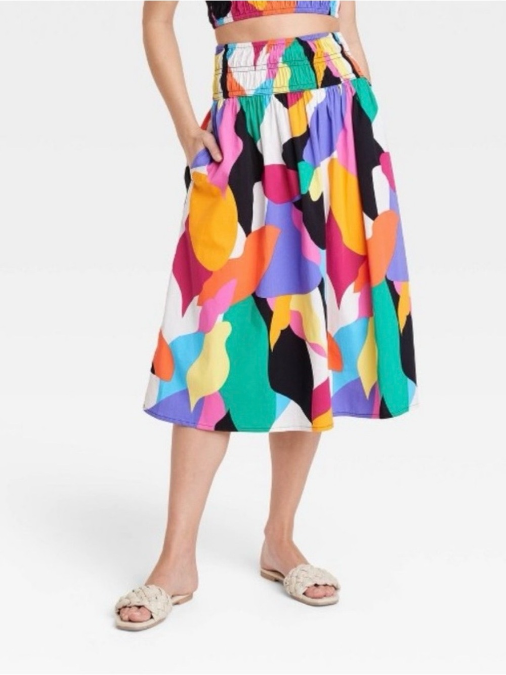 A New Day small high waist elastic abstract midi skirt with side pockets